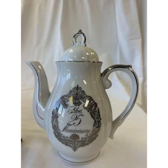Silver 25th Anniversary Porcelain Tea Pot With Lid & Silver Accents - Picture 1 of 2